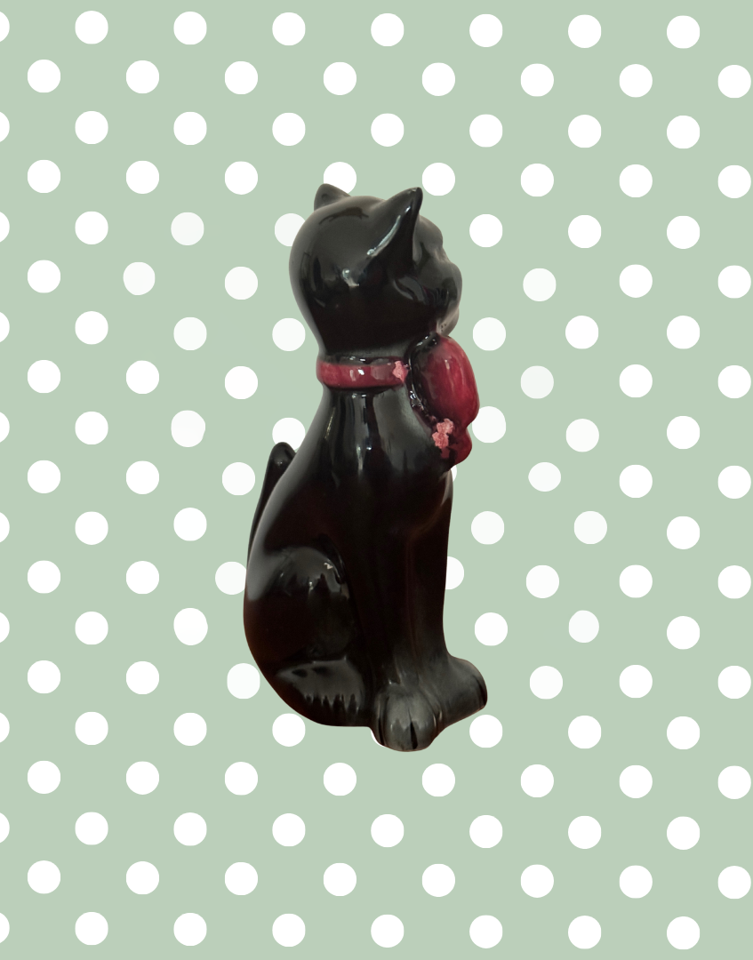 Mid Century Characterful Black Cat Decanter | 1950s Kitsch Noir Ceramic with Red Bow