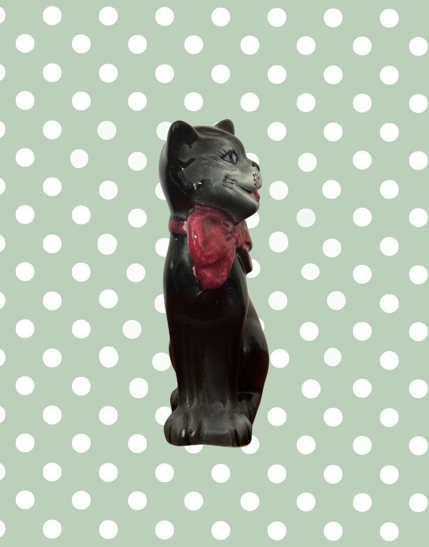 Mid Century Characterful Black Cat Decanter | 1950s Kitsch Noir Ceramic with Red Bow