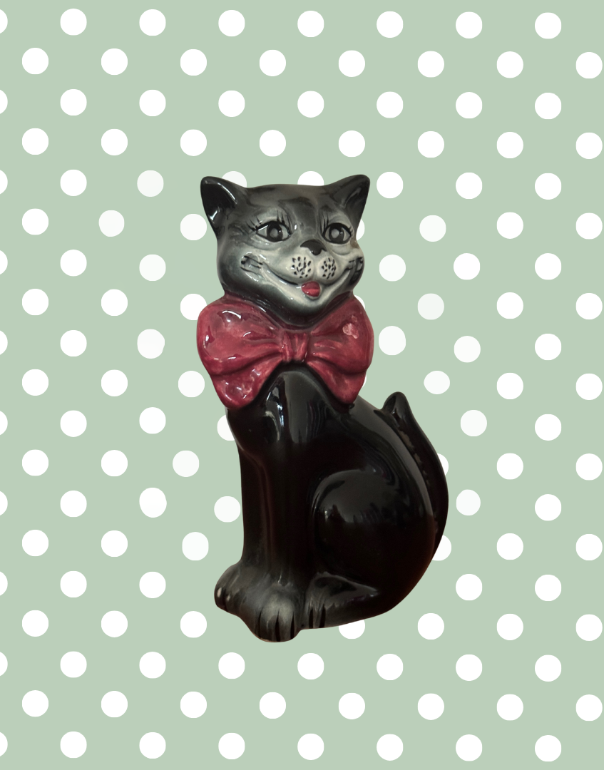 Mid Century Characterful Black Cat Decanter | 1950s Kitsch Noir Ceramic with Red Bow