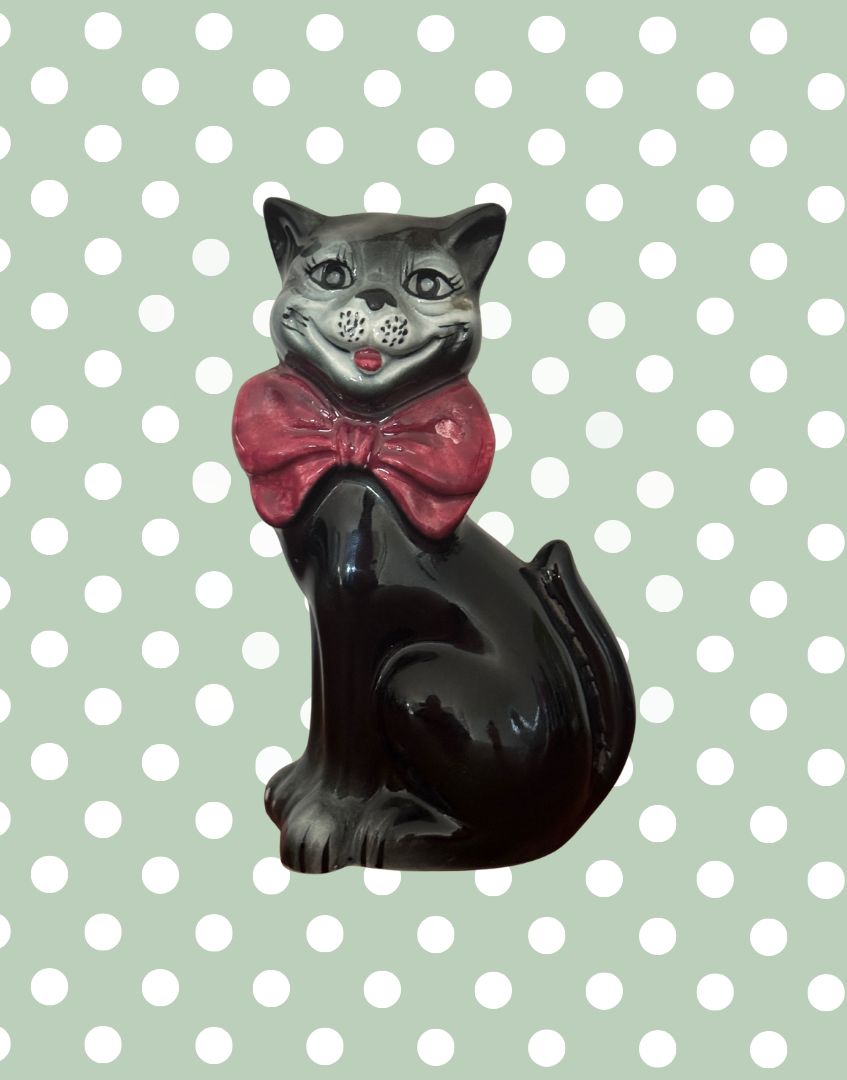 Mid Century Characterful Black Cat Decanter | 1950s Kitsch Noir Ceramic with Red Bow