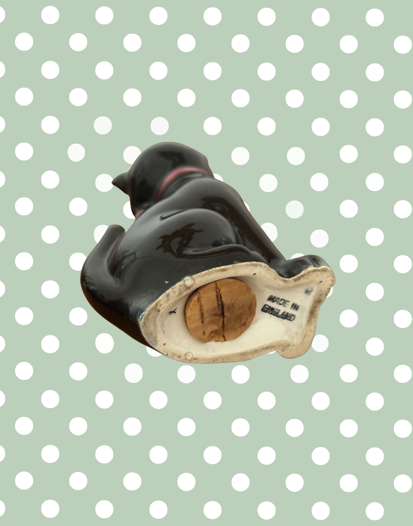 Mid Century Characterful Black Cat Decanter | 1950s Kitsch Noir Ceramic with Red Bow