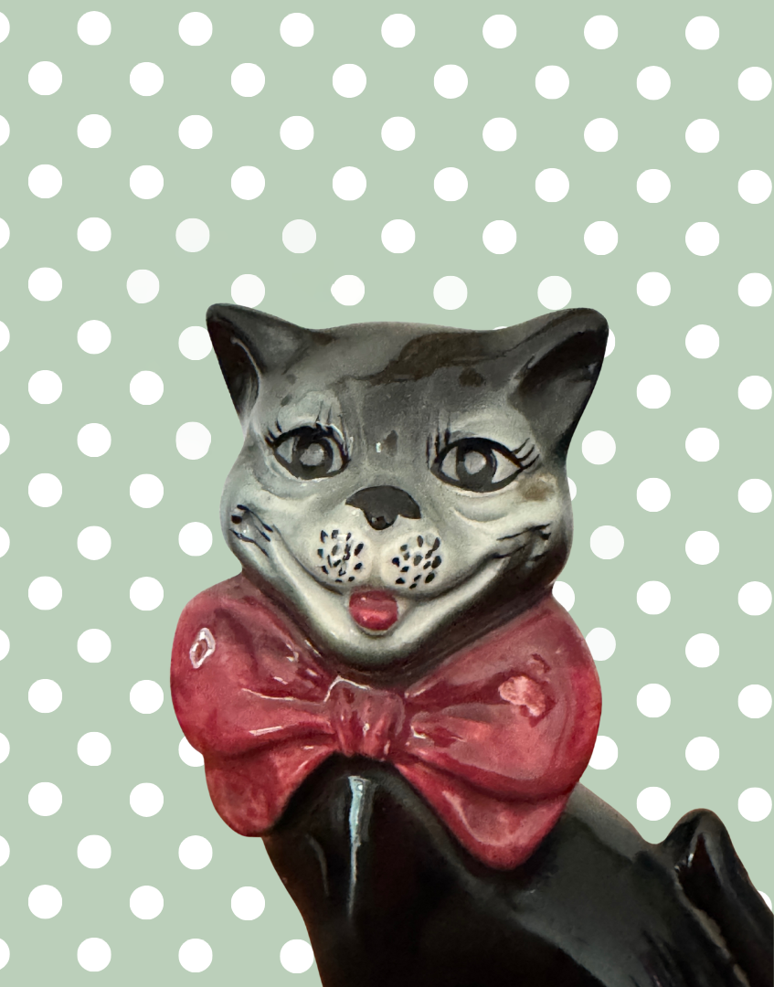 Mid Century Characterful Black Cat Decanter | 1950s Kitsch Noir Ceramic with Red Bow
