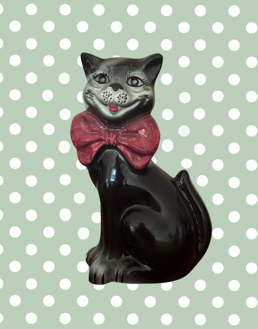 Mid Century Characterful Black Cat Decanter | 1950s Kitsch Noir Ceramic with Red Bow