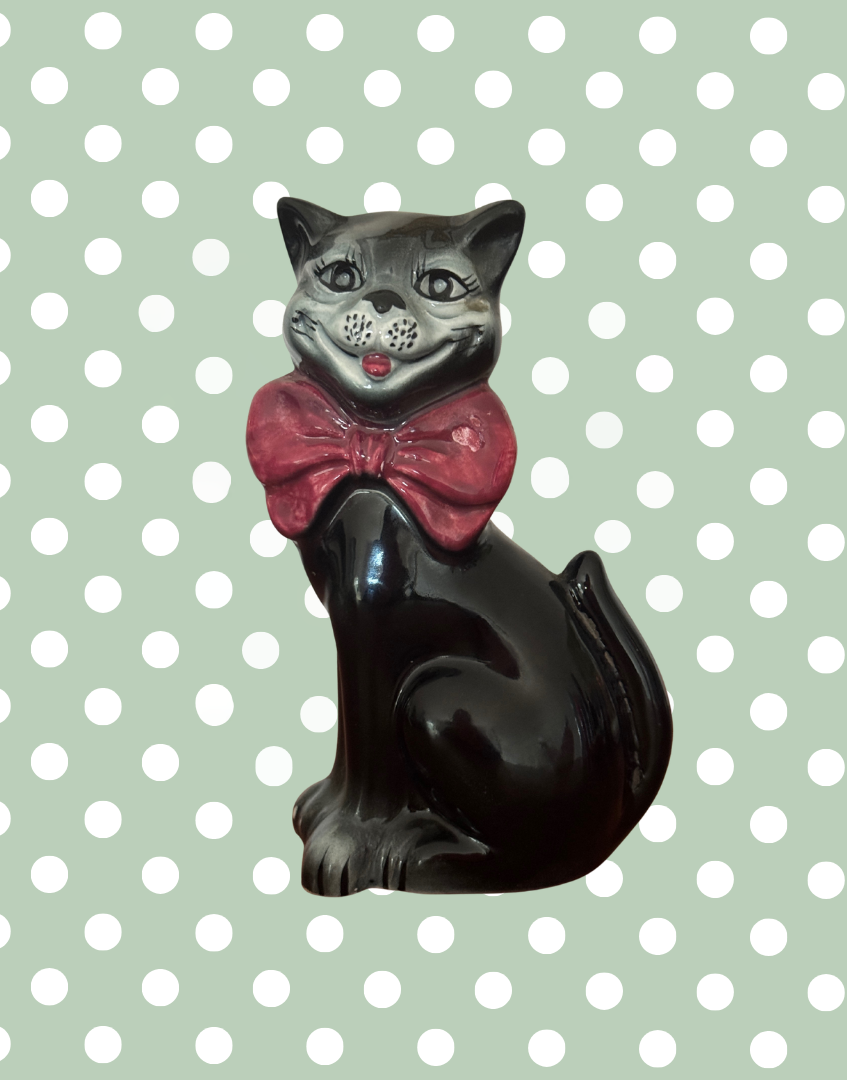 Mid Century Characterful Black Cat Decanter | 1950s Kitsch Noir Ceramic with Red Bow