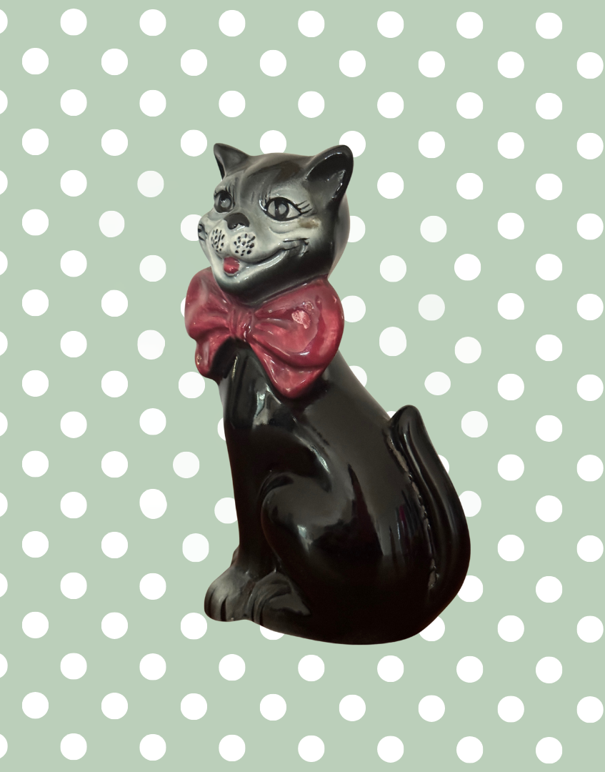 Mid Century Characterful Black Cat Decanter | 1950s Kitsch Noir Ceramic with Red Bow