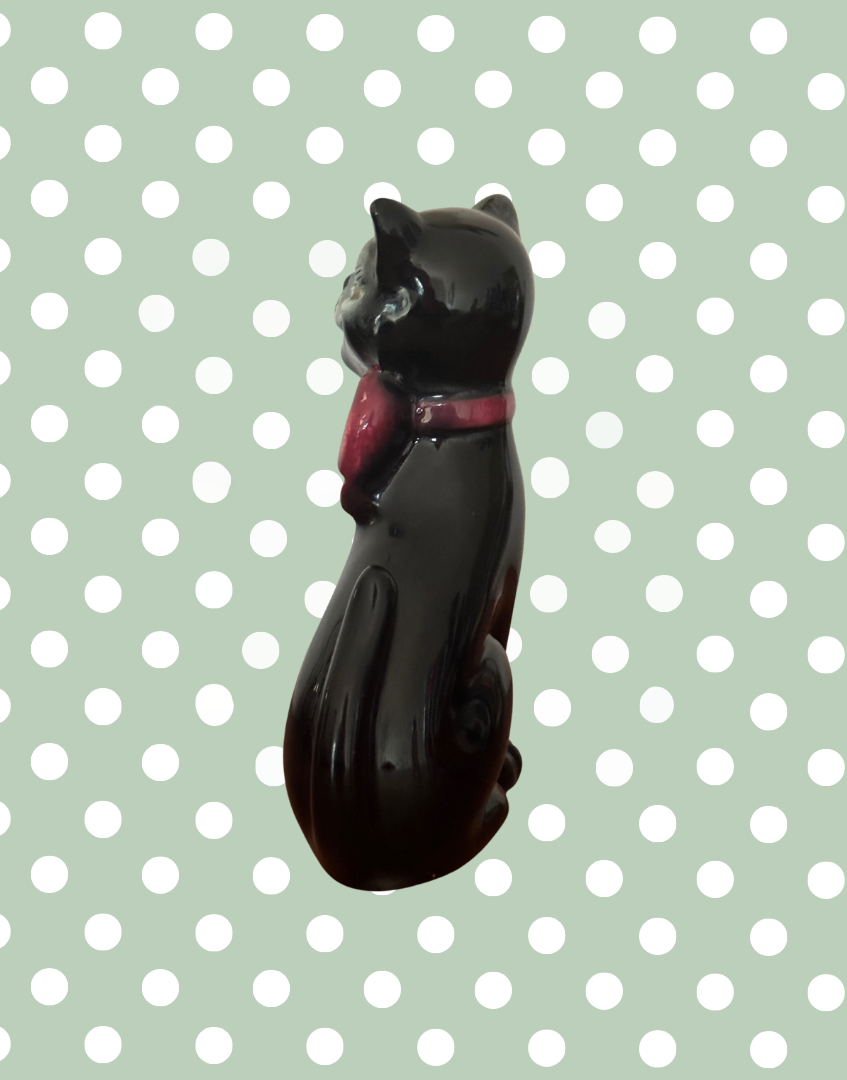 Mid Century Characterful Black Cat Decanter | 1950s Kitsch Noir Ceramic with Red Bow