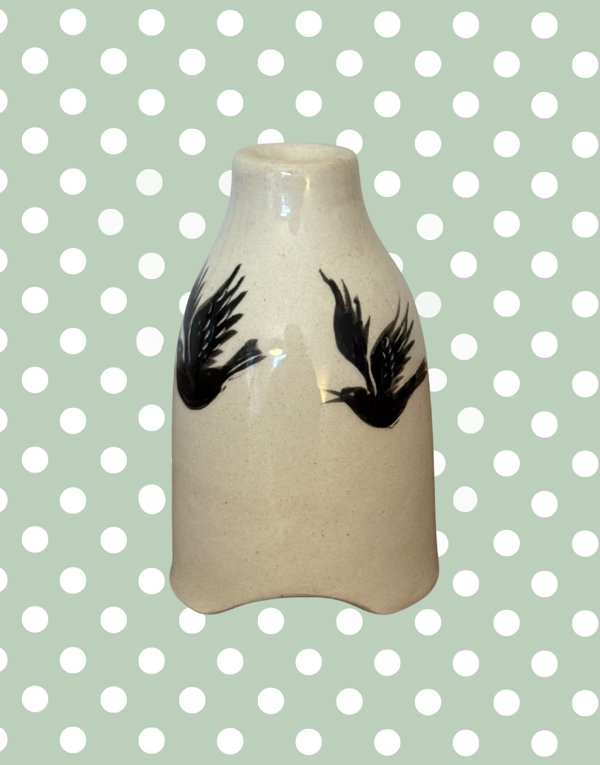 Stuart Bass Cream Pie Funnel with Black Bird Illustration | Handcrafted Devon Collectable