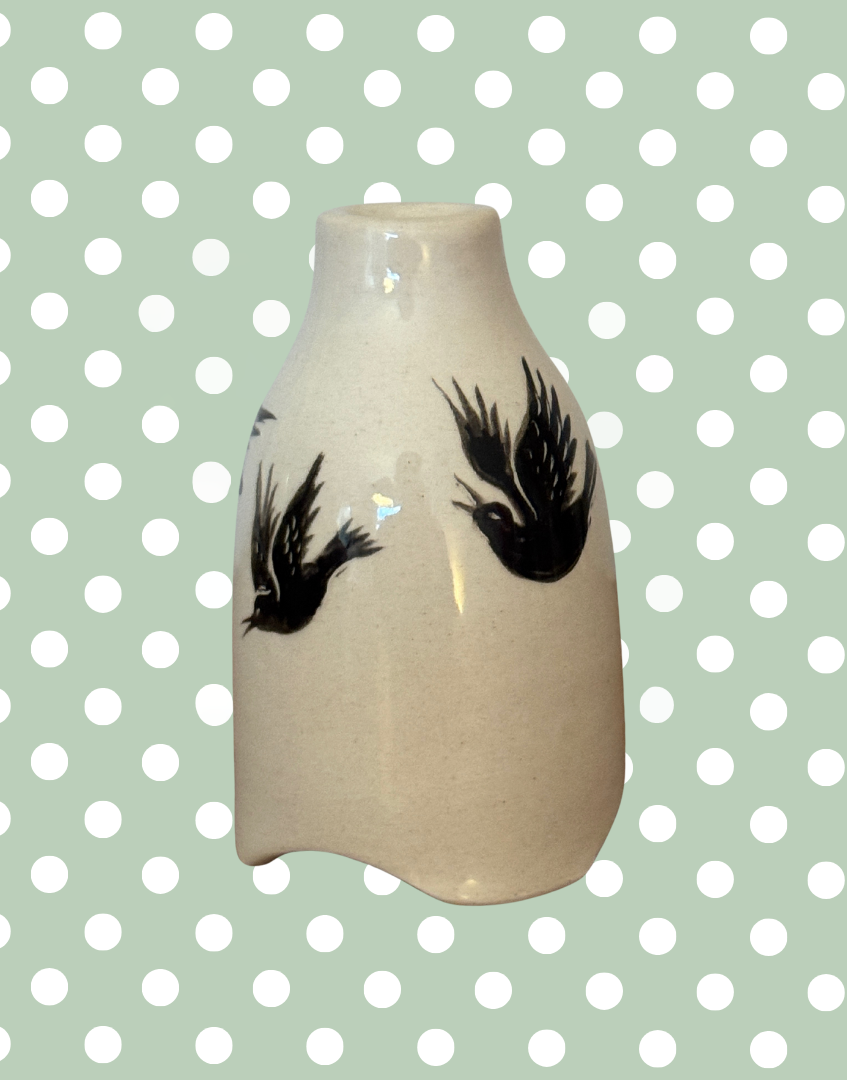Stuart Bass Cream Pie Funnel with Black Bird Illustration | Handcrafted Devon Collectable