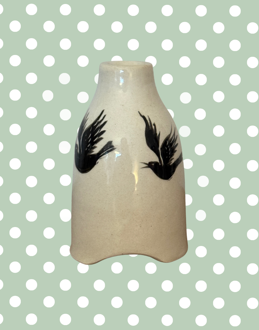 Stuart Bass Cream Pie Funnel with Black Bird Illustration | Handcrafted Devon Collectable