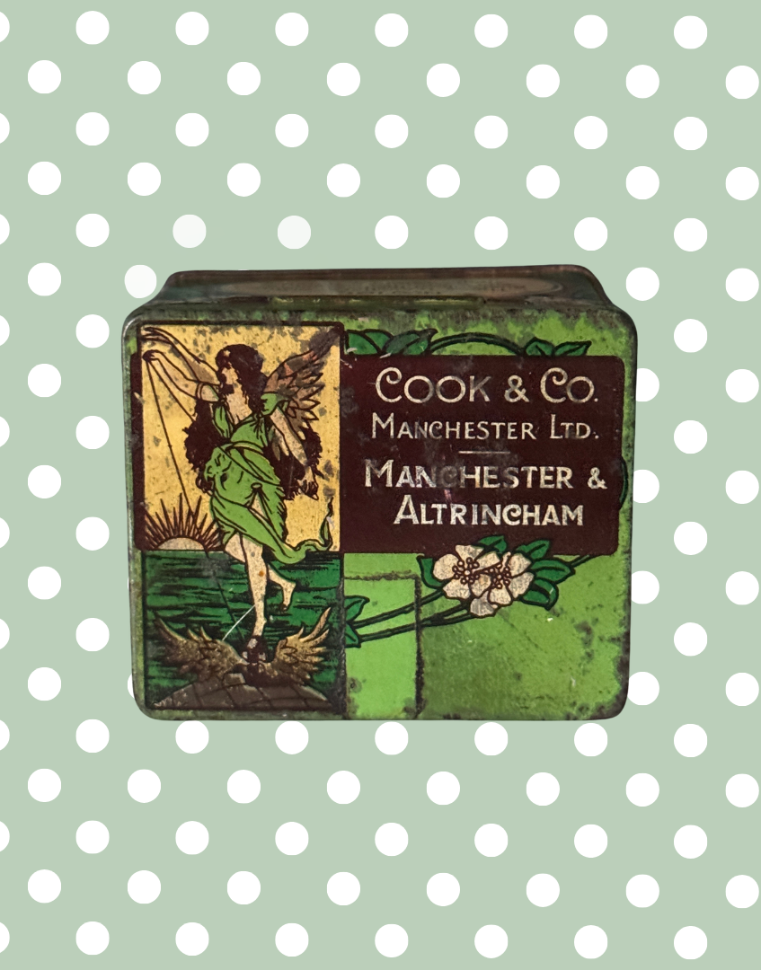 Vintage Cook & Co. Manchester Ring Travellers Tin | Art Nouveau Textile Advertising Tin with Angel Motif