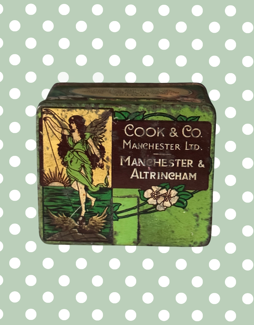 Vintage Cook & Co. Manchester Ring Travellers Tin | Art Nouveau Textile Advertising Tin with Angel Motif