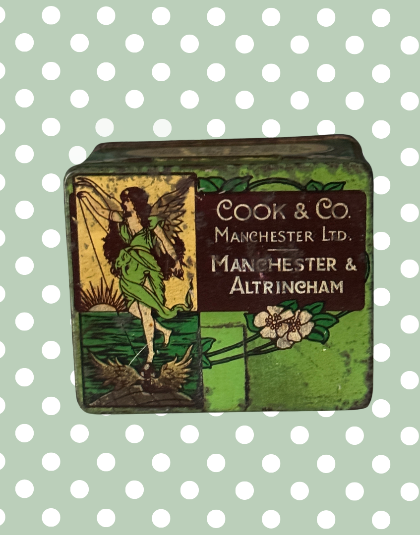 Vintage Cook & Co. Manchester Ring Travellers Tin | Art Nouveau Textile Advertising Tin with Angel Motif