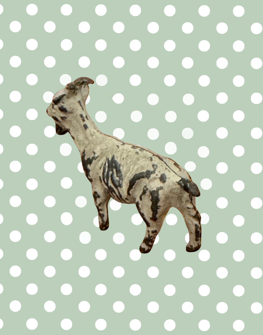 back view of white hand painted small goat lead farm toy
