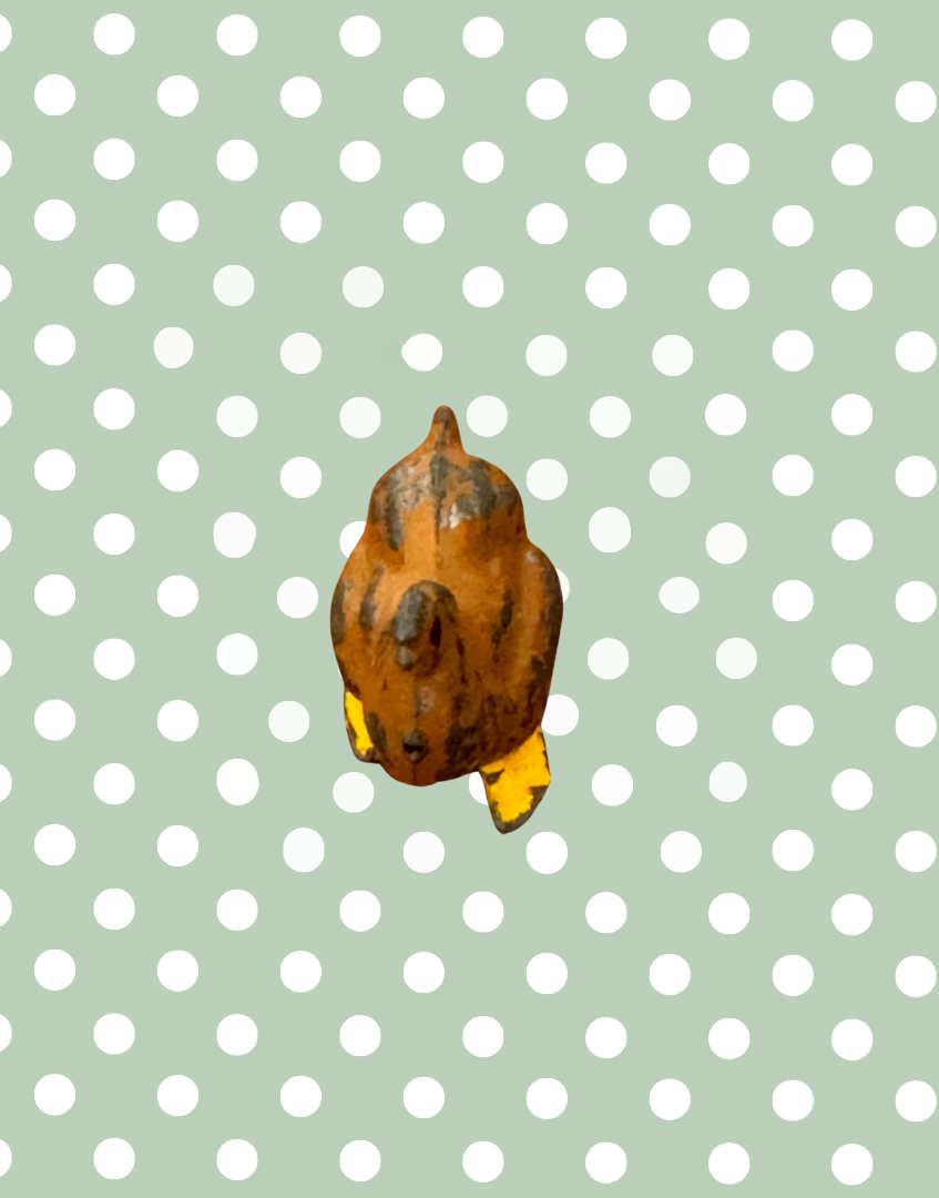 front view of brown and yellow small antique cockerel farm toy