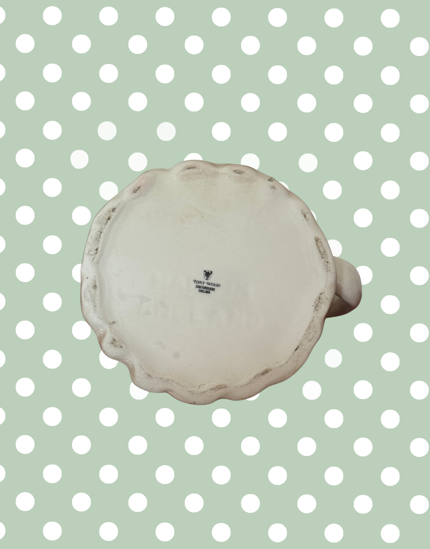 Base of vintage brown Tony Wood Staffordshire pottery Little Old Lady teapot showing makers stamp and pottery mark underneath