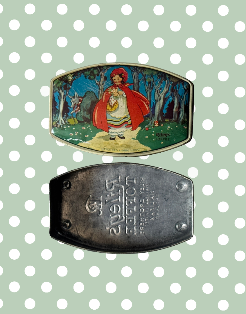 1930s Rileys Toffee tin shown with lid and base side by side displaying original vintage advertising design and red trim detail