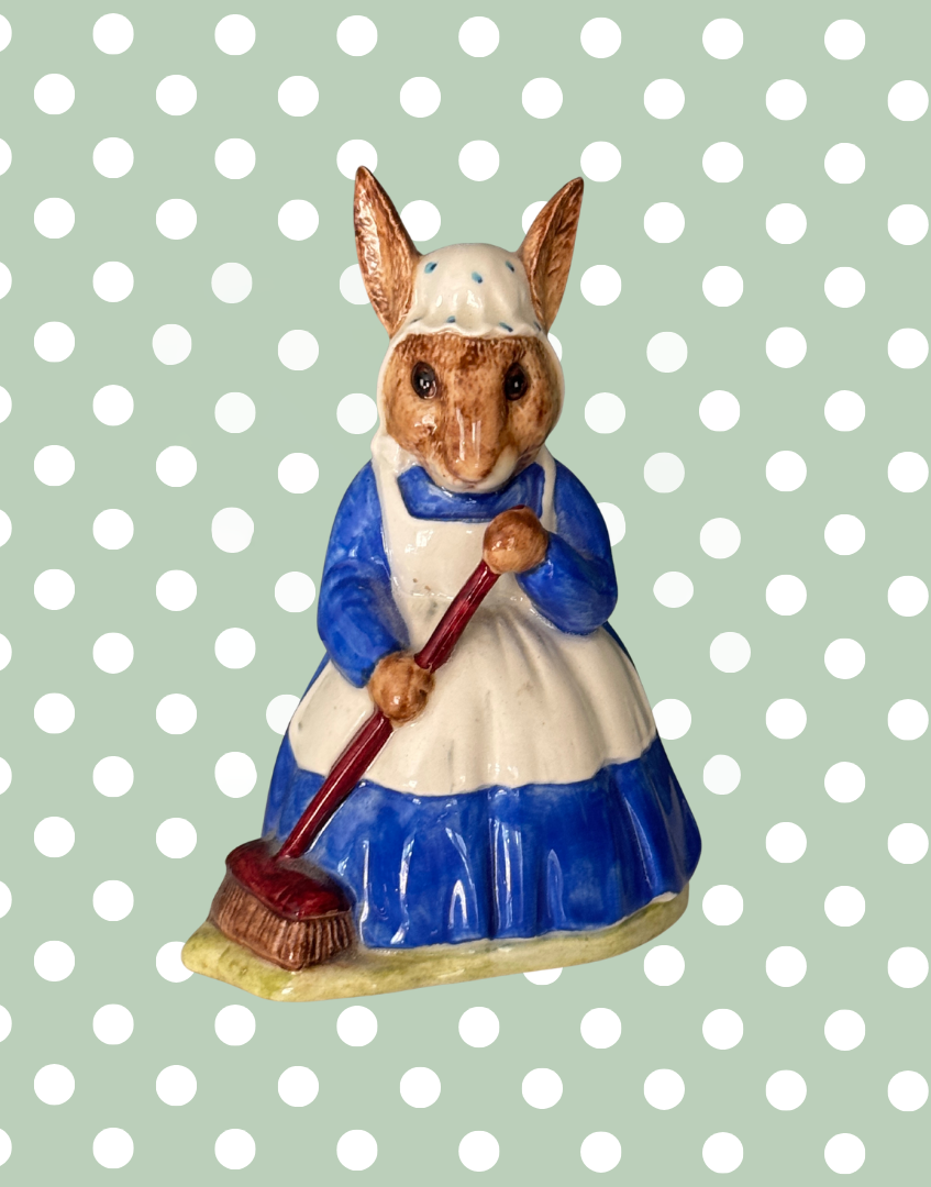 Royal Doulton Mrs Bunnykins “Clean Sweep” DB6 | Endearing Beatrix Potter Rabbit Figurine, 1972
