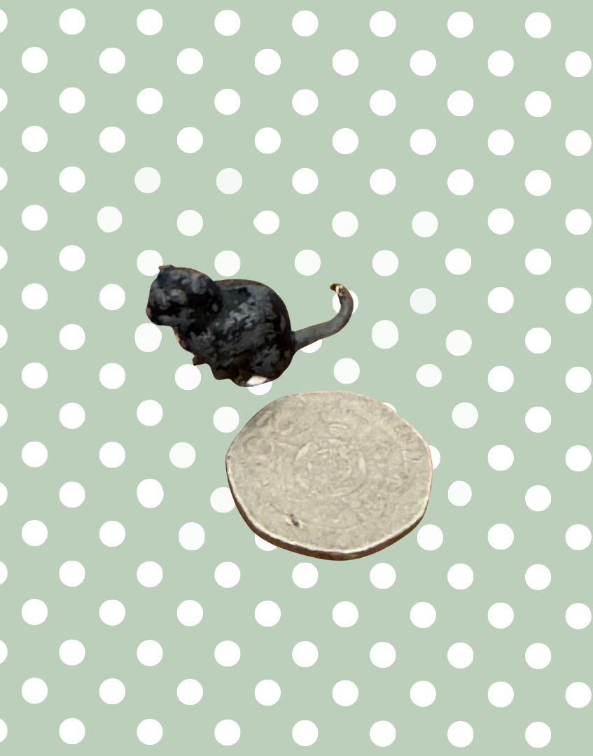 tiny black cat lead toy next to twenty pence piece coin for scale
