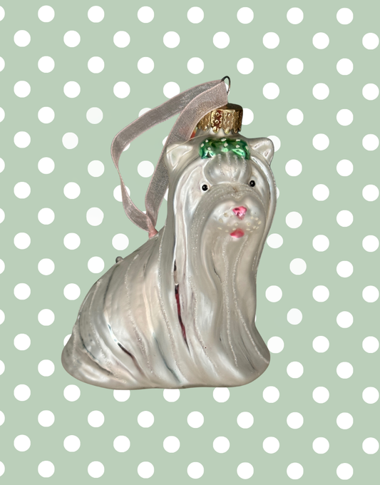 Vintage White & Silver Yorkshire Terrier Christmas Bauble Decoration – Cute Pink Nose & Green Bow