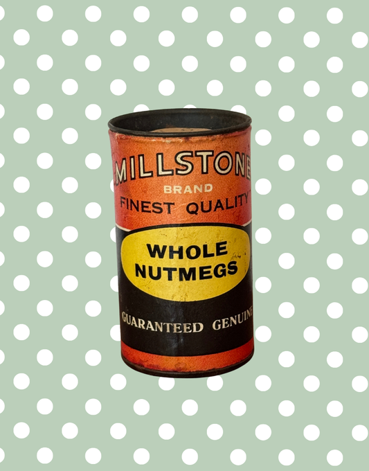 Very Rare Vintage Millstone Whole Nutmegs Tin | Small Kitchenalia Collectable with Grater & Retro Typography