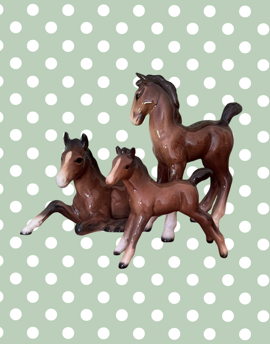 Charming Beswick Glossy Foal Figurines Trio | Vintage Equestrian Playful Collectables