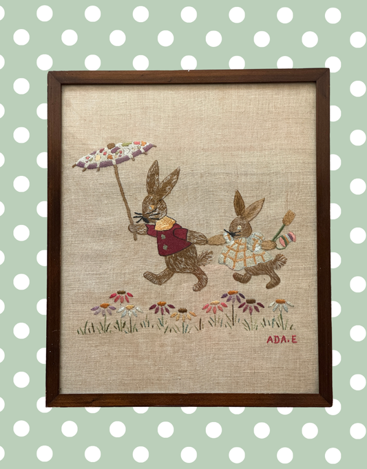 Charming Antique 19th Century Silk Embroidery of Rabbits Signed Ada E (possibly by British Artist, Ada E Fussey)|Framed by William Sullivan | Beatrix Potter Era Textile Art