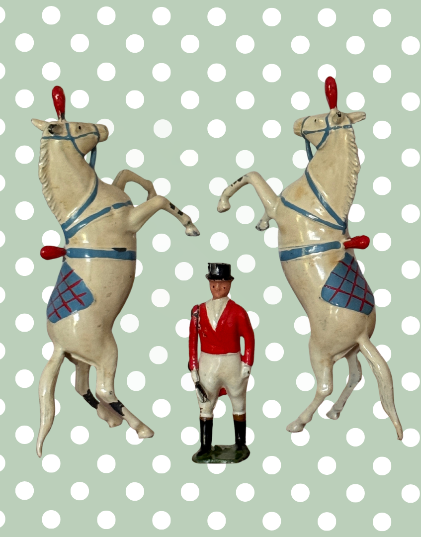 Rare Britains Ltd 1936 Circus Figures Collectable Set | Two Prancing Horses & Colourful Ringmaster Hand Painted Lead Figurines