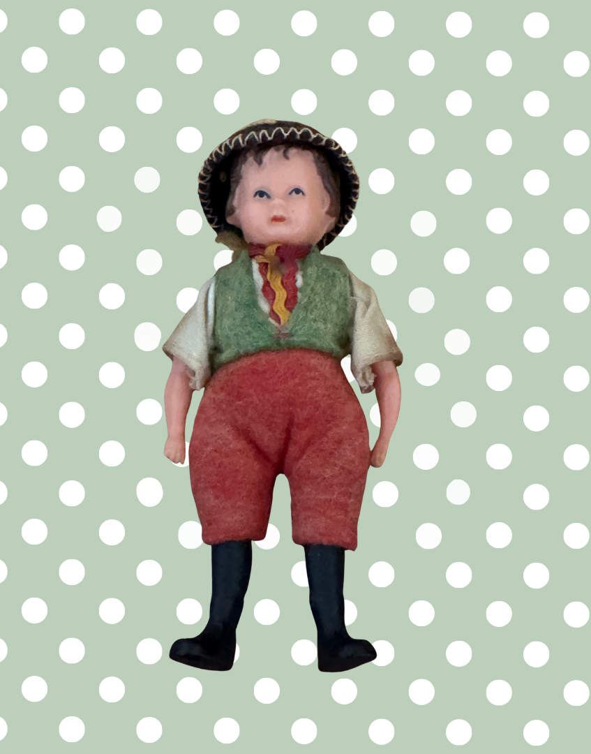 Antique German Celluloid Boy Doll Collctable | Dressed in Felt Clothing with Moulded Hair and Hat