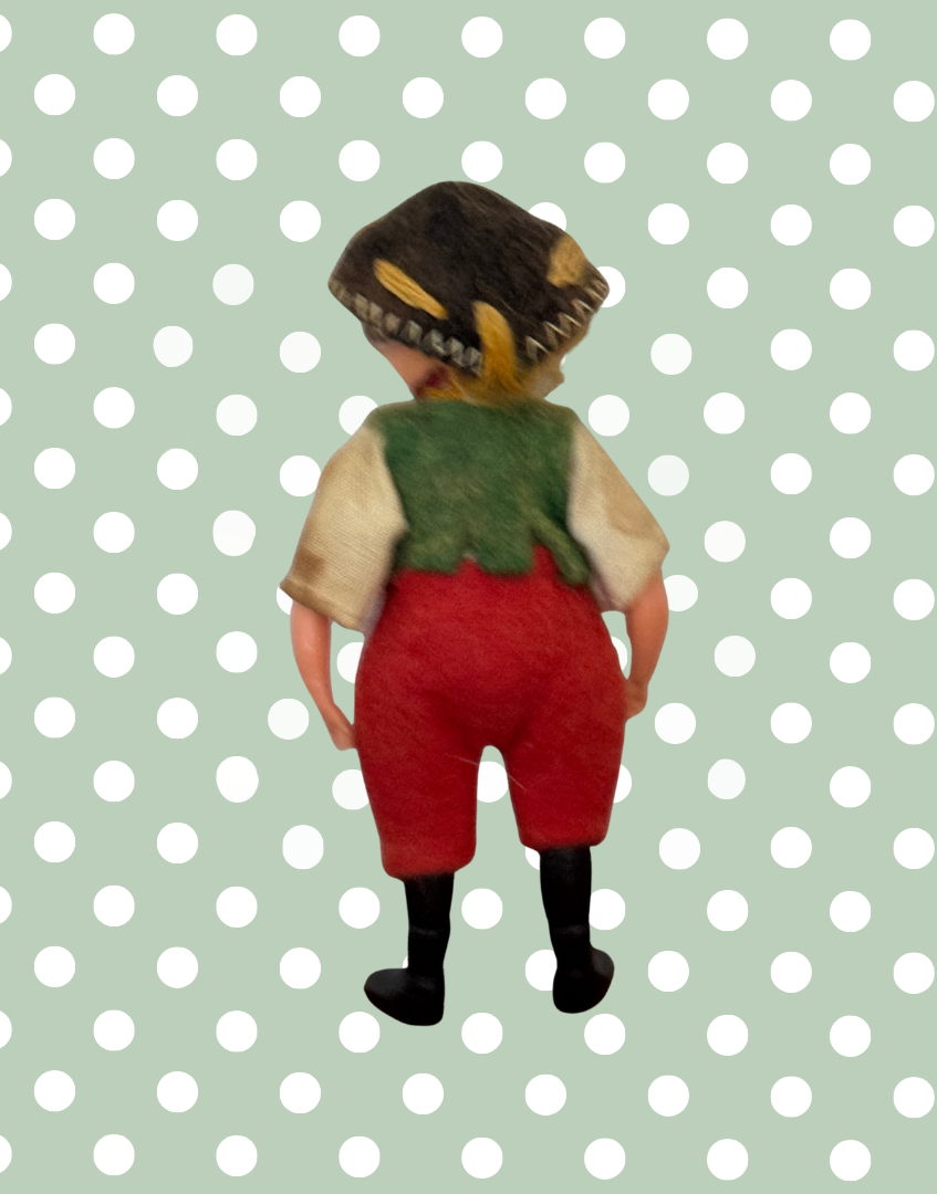 Antique German Celluloid Boy Doll Collctable | Dressed in Felt Clothing with Moulded Hair and Hat