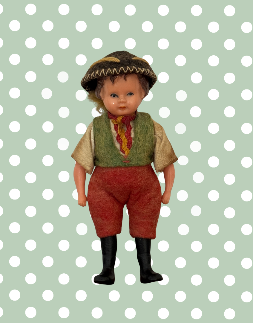 Antique German Celluloid Boy Doll Collctable | Dressed in Felt Clothing with Moulded Hair and Hat