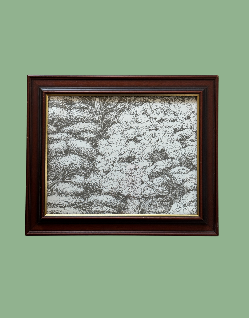 Sanderson 'Woodland Toile - Charcoal & Cream' Print in Vintage Dark Wood & Gold Frame