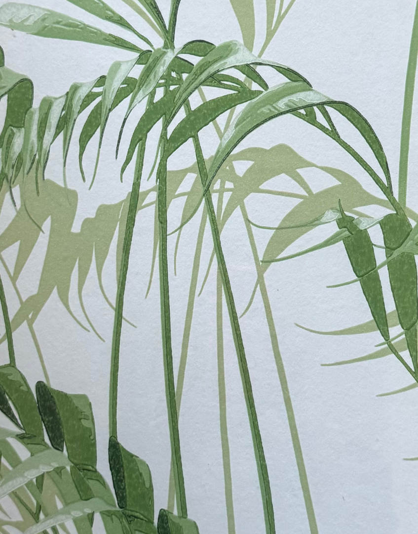 Tropical leaf pattern on a light blue background
