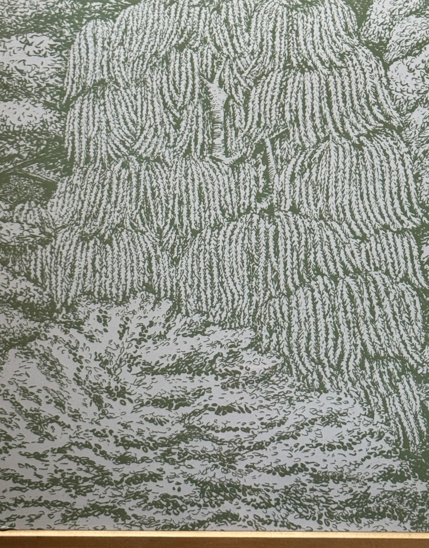 Sanderson 'Woodland Toile - Cream & Green' close up 