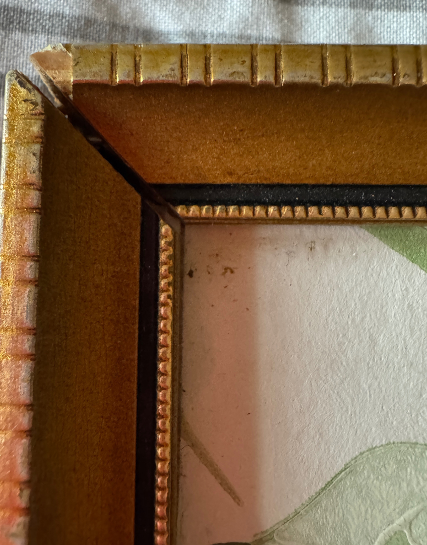 Close-up of a gold picture frame with a textured border shing age wear