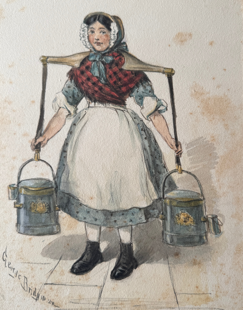 George Brant Bridgman Antique Watercolour Study | Traditional Dress Woman Carrying Water Pails Original Artwork c.1920s