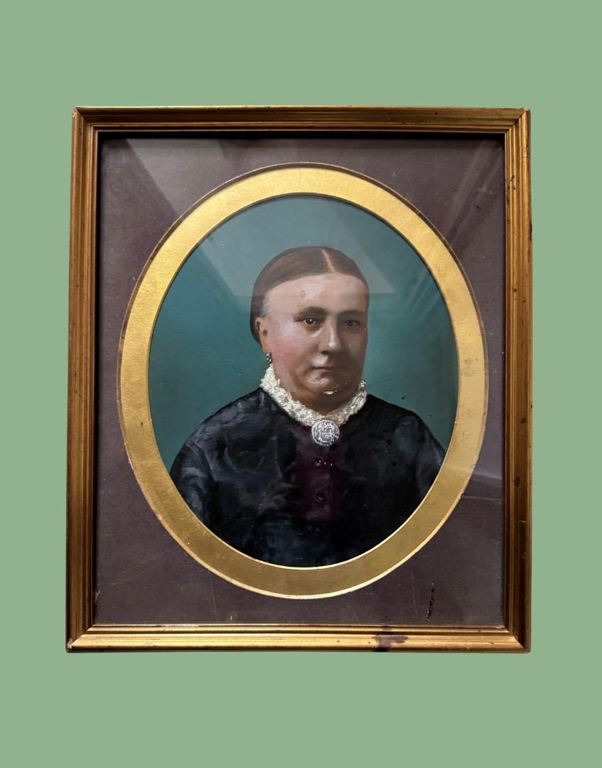 Antique Oval Portrait Painting in Gold Gilt Frame | Charactedful Female Study with Striking Blue Background