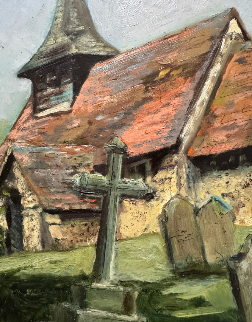 Peter Clarke Original Pen & Oil Painting of St Nicholas's Church, Pyrford, Surrey | Pastoral English Village Scene