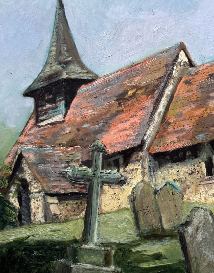 Peter Clarke Original Pen & Oil Painting of St Nicholas's Church, Pyrford, Surrey | Pastoral English Village Scene