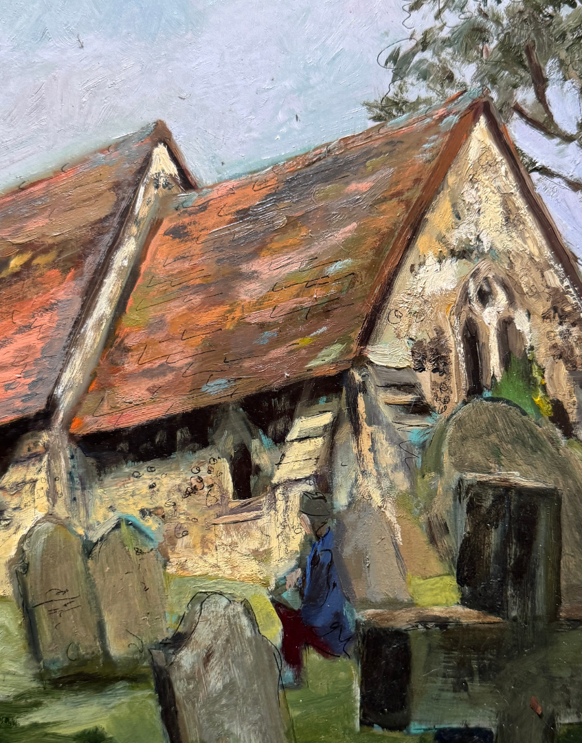 Peter Clarke Original Pen & Oil Painting of St Nicholas's Church, Pyrford, Surrey | Pastoral English Village Scene
