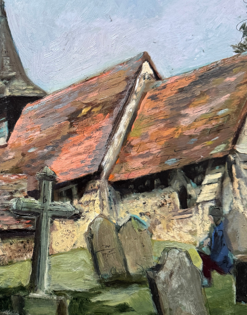 Peter Clarke Original Pen & Oil Painting of St Nicholas's Church, Pyrford, Surrey | Pastoral English Village Scene