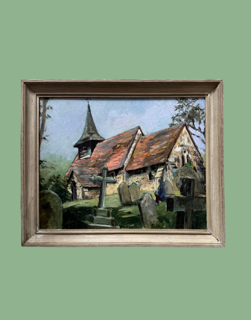 Peter Clarke Original Pen & Oil Painting of St Nicholas's Church, Pyrford, Surrey | Pastoral English Village Scene