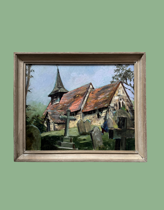 Peter Clarke Original Pen & Oil Painting of St Nicholas's Church, Pyrford, Surrey | Pastoral English Village Scene