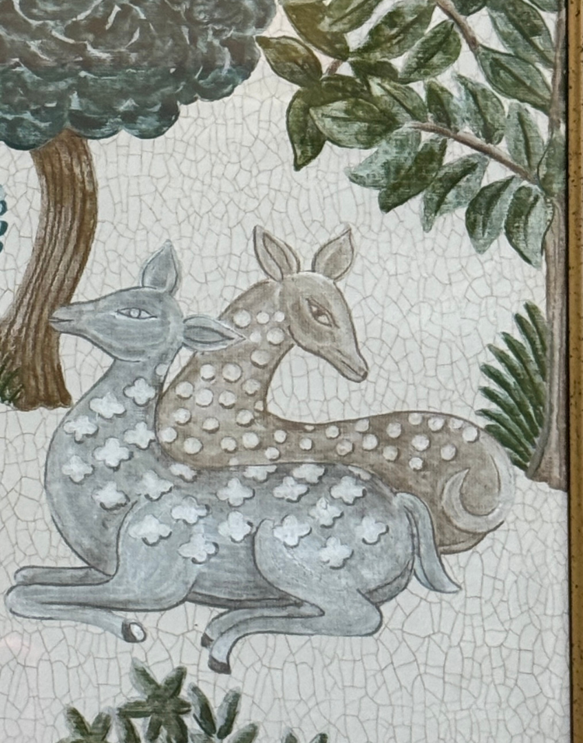 Mosaic style artwork of two deer in a natural setting with trees and foliage.