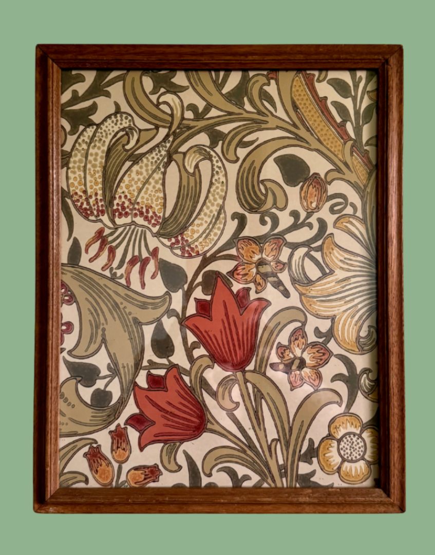 William Morris Framed Print Sourced from Original Morris & Co. Archive Wallpaper Sample Book in Unique Vintage Wood Frame - Golden Lily (Biscuit/ Brick)