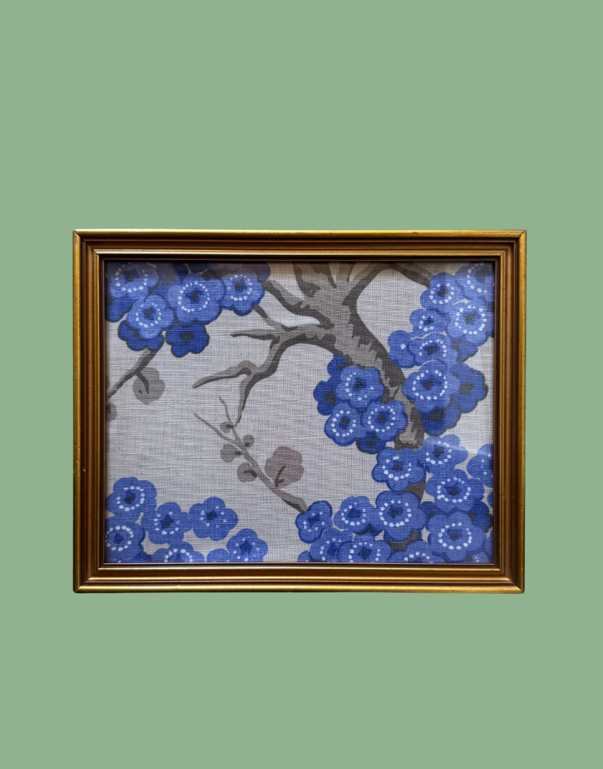 Osborne & Little 'Japonerie' Sapphire Ivory Stone Linen Floral Print in Vintage Gold Frame