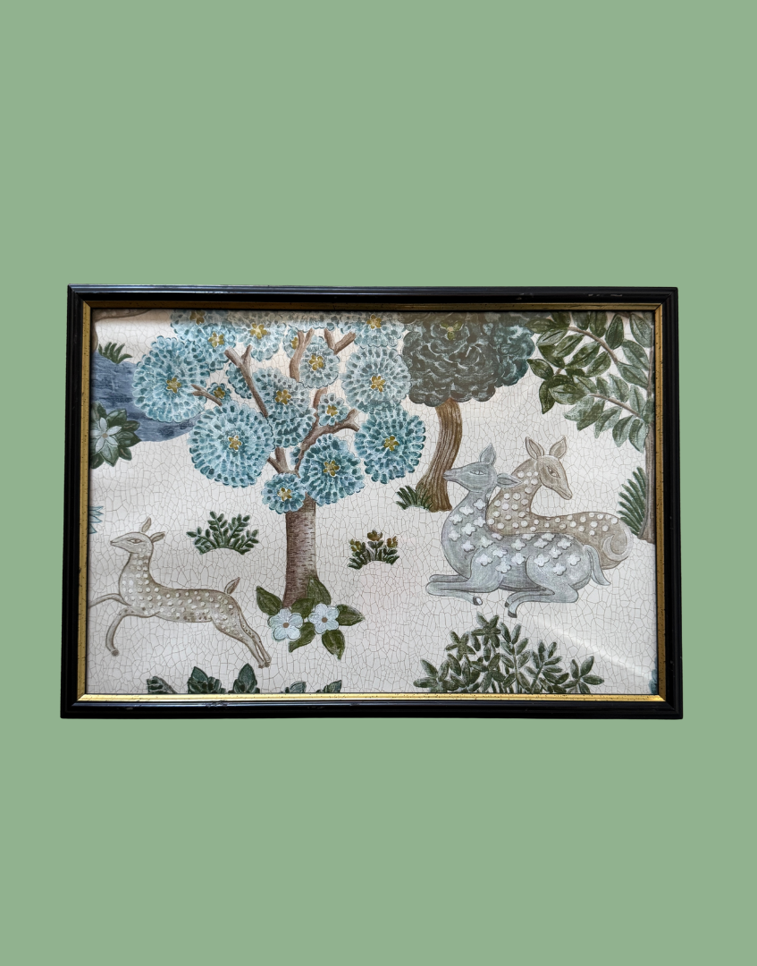 Sanderson 'Caspian - Cream & Nettle' Unique Deer Woodland Wall Art in Black & Gold Frame