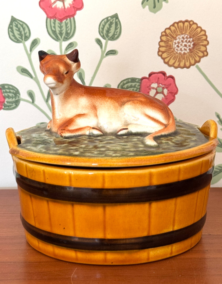 Rare Vintage Majolica Cow Butter Dish | Portuguese Ceramic Kitchenalia