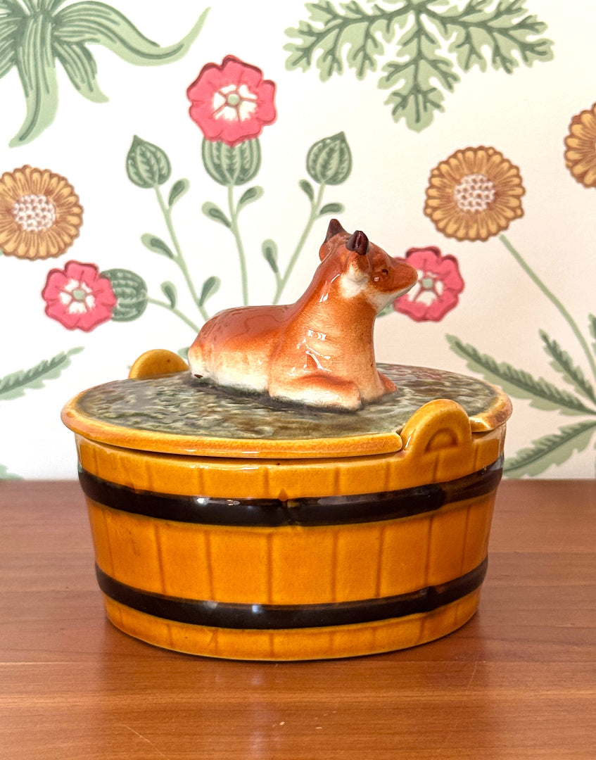 Rare Vintage Majolica Cow Butter Dish | Portuguese Ceramic Kitchenalia