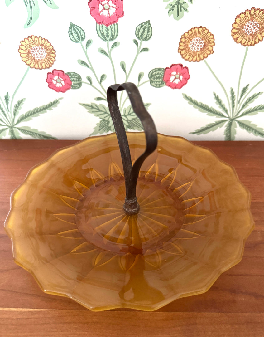 Pretty Rare Vintage French Amber Glass Cake Stand | Retro Mid-Century Kitchenalia