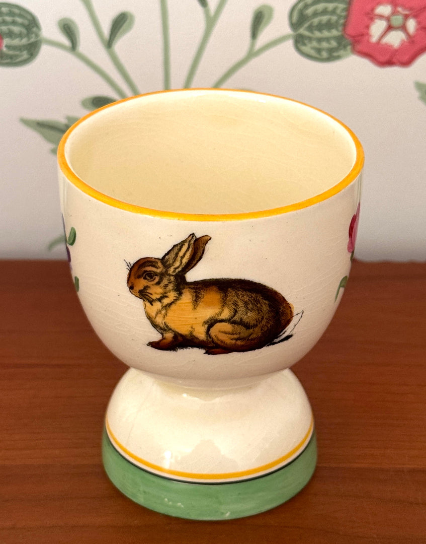 Vintage Yellow Duck Egg Cup With Rabbit & Chick Design | Charming Easter Collectable